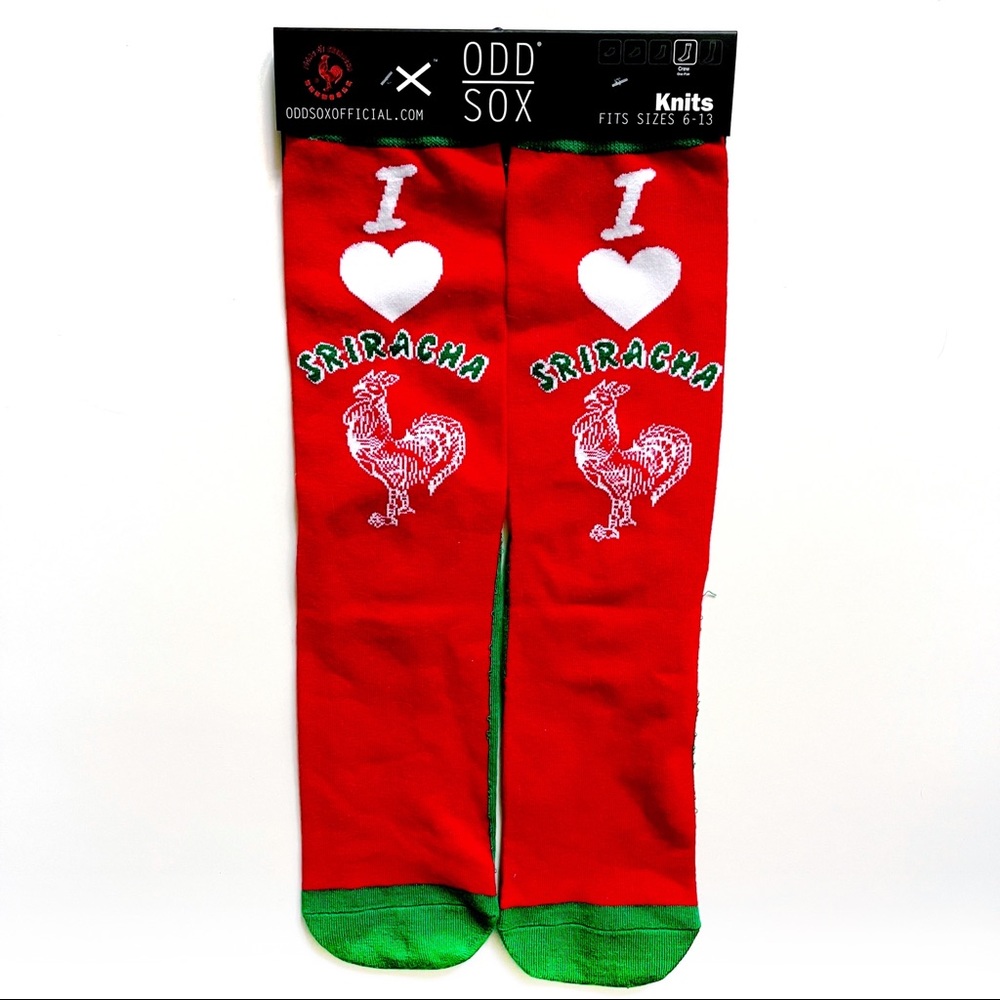Odd Sox I Love Sriracha Crew Socks Mens Womens Hot Sauce Rooster Logo Red Gift